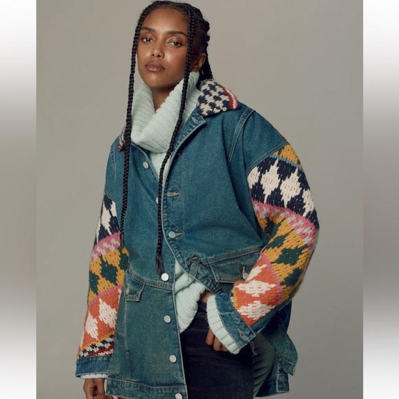 Anthropologie Pilcro Crochet Denim sweater Jacket with Patterned Sleeves XS - Picture 2 of 12